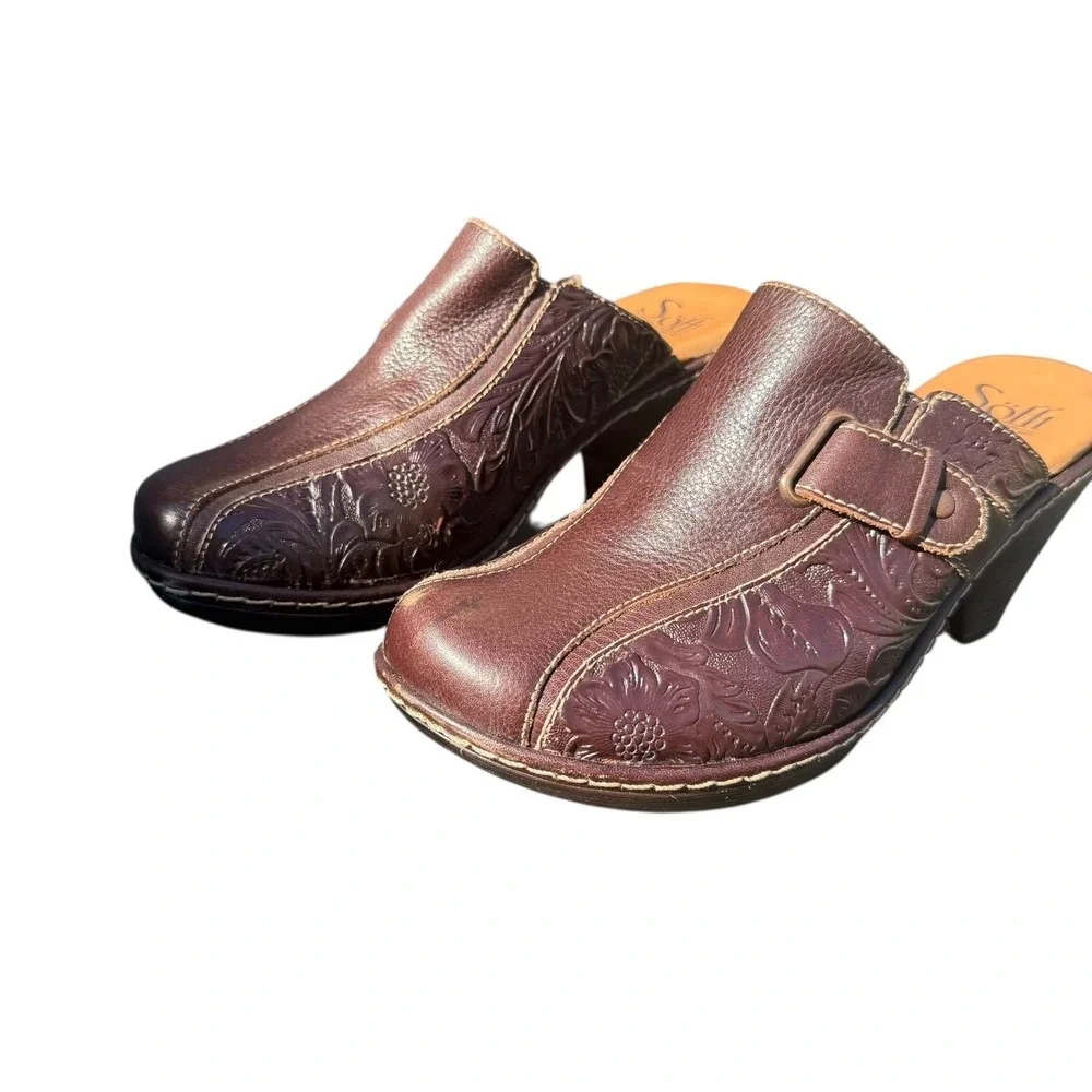 Söfft Tooled Brown Leather Slip-On Heeled‎ Mules Women's 7 - Picture 13 of 16